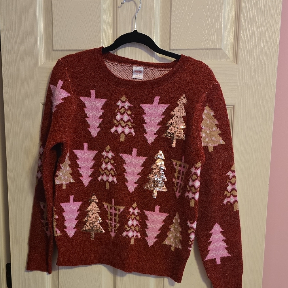 Holiday Time Red and Pink Tree Pattern Sweater‎
